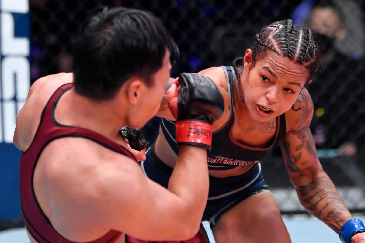 Karine Silva in her fight against Qihui Yan on contender series. She won the fight in the second round by submission. Photo by Jeff Bottari, Zuffa LLC.