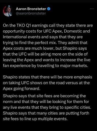 Does anyone remember my post about why the UFC keeps running Apex shows? Mark Shapiro kind of confirms what I’ve said all along. The UFC wants site fees and will start leaving the Apex when they secure more. It’s already starting to happen. 