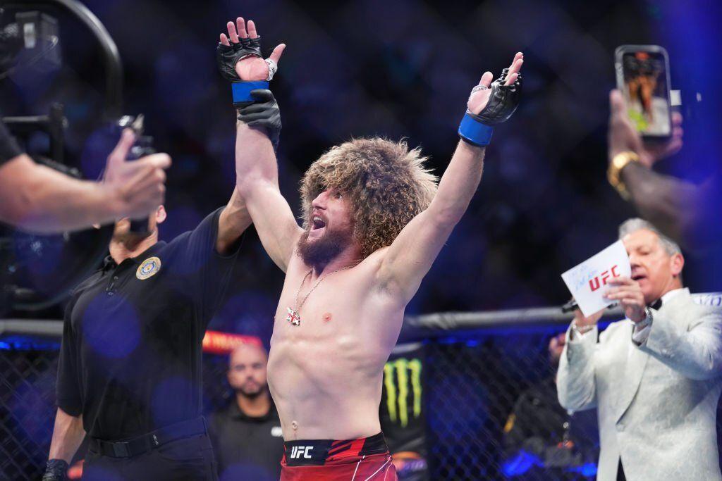 Merab Dvalishvili reacts to defeating Jose Aldo at UFC 278. Credits to: Chris Unger of Zuffa LLC.