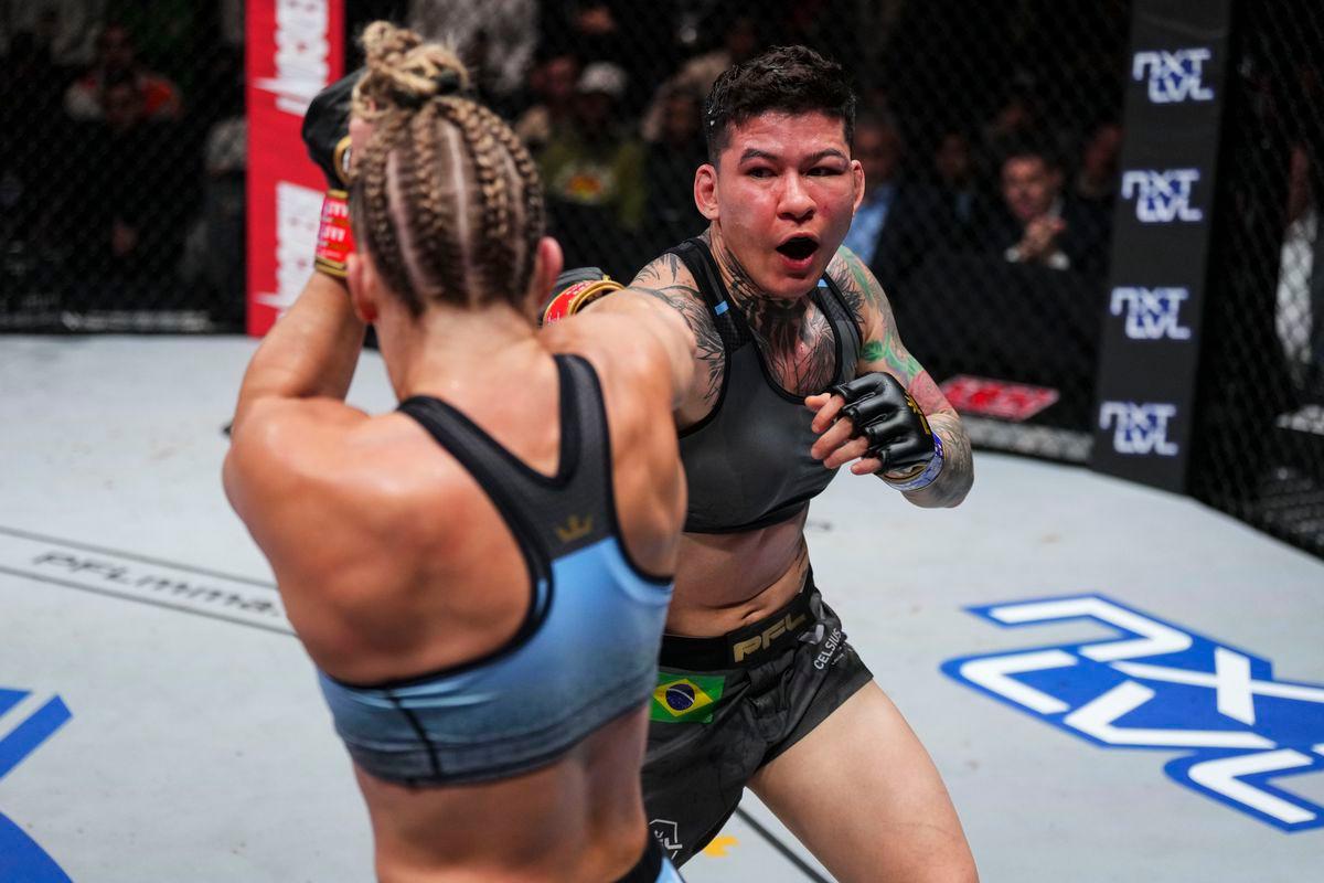 Larissa Pacheco throws a right hand at Kayla Harrison. Credit: MMA Fighting.