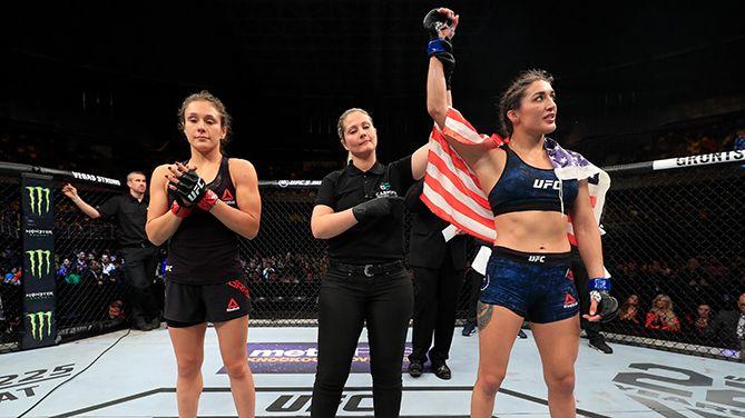 Tatiana Suarez getting her hand raised against Alexa Grasso in 2018. Photo by Buda Mendes, Zuffa LLC.