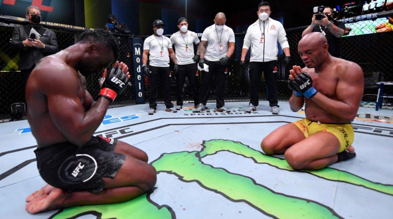 Uriah Hall cries and apologizes to Anderson Silva after their bout. Credits to: Zuffa LLC.