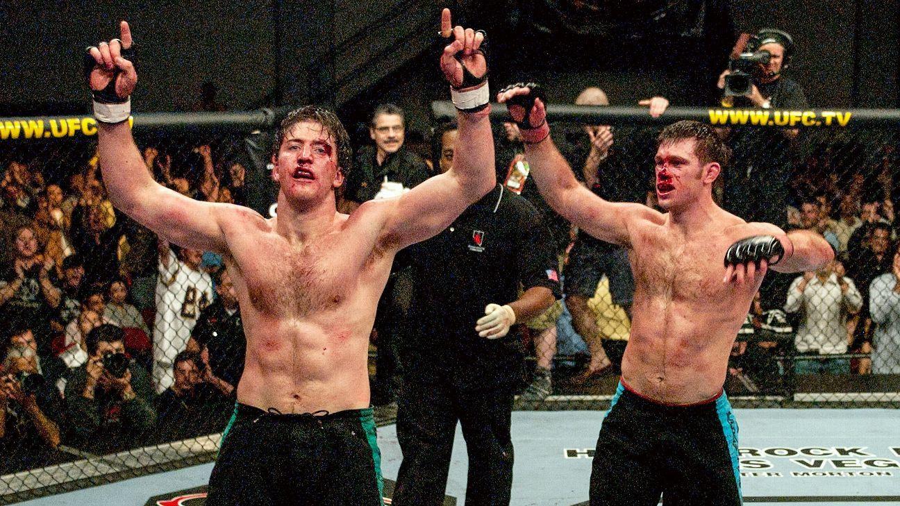 Forrest Griffin and Stephen Bonnar after one of the greatest fights of all-time. Credits to: Zuffa LLC-Getty Images.