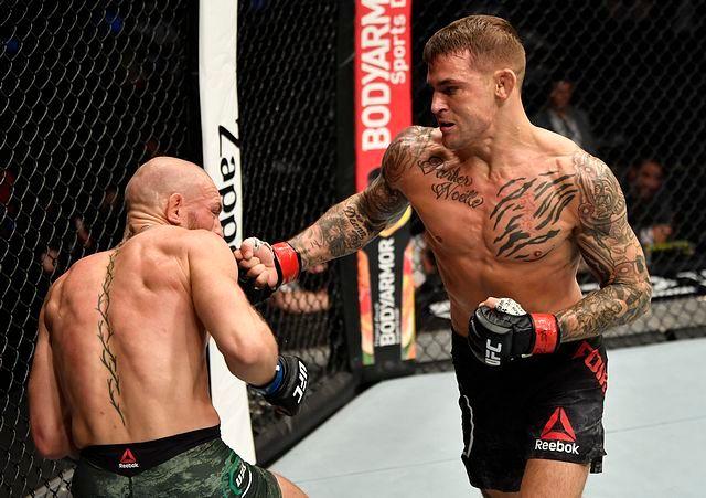 Dustin Poirier drops Conor McGregor with a right hook which leads to a TKO. Credit: Zuffa LLC