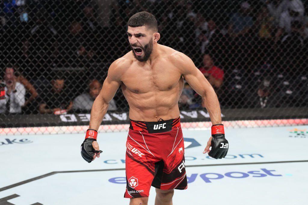Amir Albazi reacts after defeating Fransisco Figueiredo at UFC 278. Credits to: Josh Hedges - Zuffa LLC