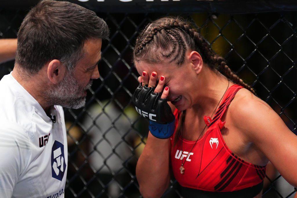 Karolina Kowalkiewicz gets emotional after her win over Felice Herrig. Credits to: Chris Unger of Getty Images.