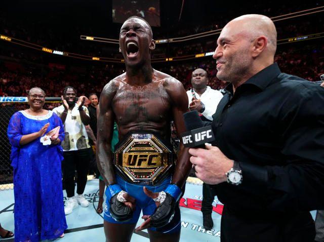 Israel Adesanya celebrates his win at UFC 287. Credits to: Jeff Bottari - Zuffa LLC via Getty Images