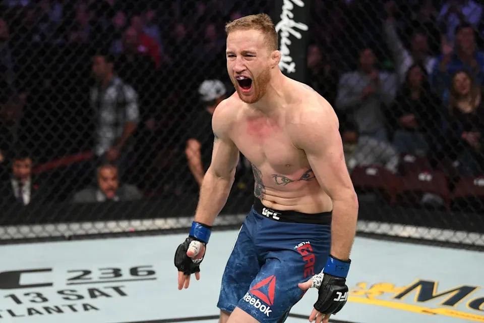Justin Gaethje celebrates after knocking out Edson Barboza in the first round. Credits to: Josh Hedges-Zuffa LLC