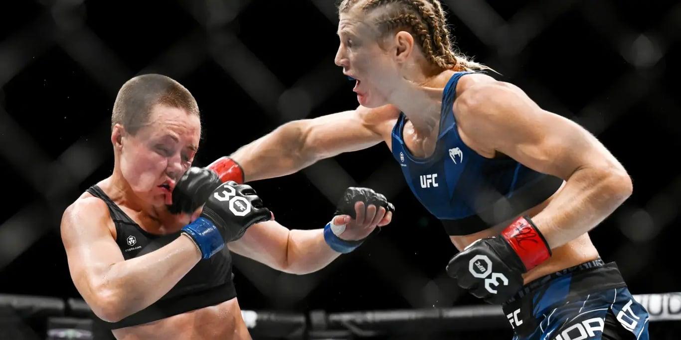 Rose Namajunas eating a right hand from Manon Fiorot in her last fight. Credits to: Haljestam - USA TODAY Sports.