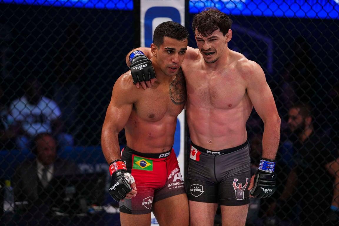 Olivier Aubin-Mercier and Raush Manfio embrace after their battle. Credits to: PFL