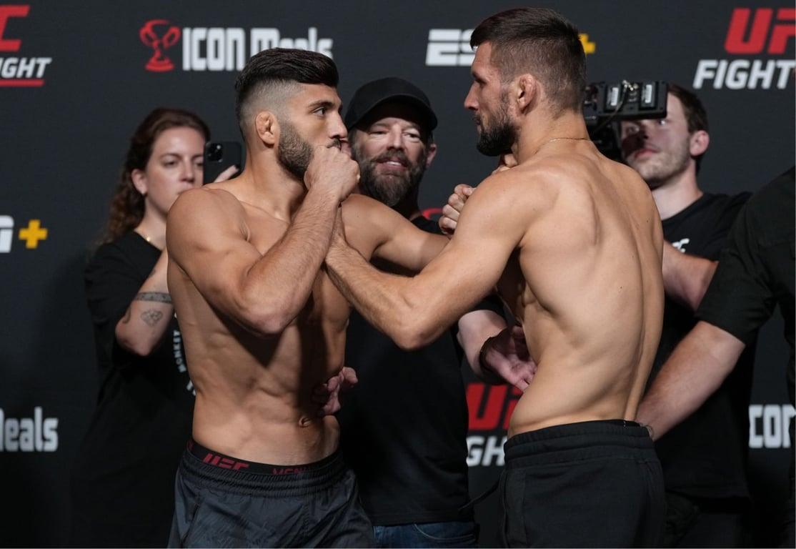 Opponents Arman Tsarukyan and Mateusz Gamrot face off ahead of their first UFC main event. Credits to: Jeff Bottari-Zuffa LLC