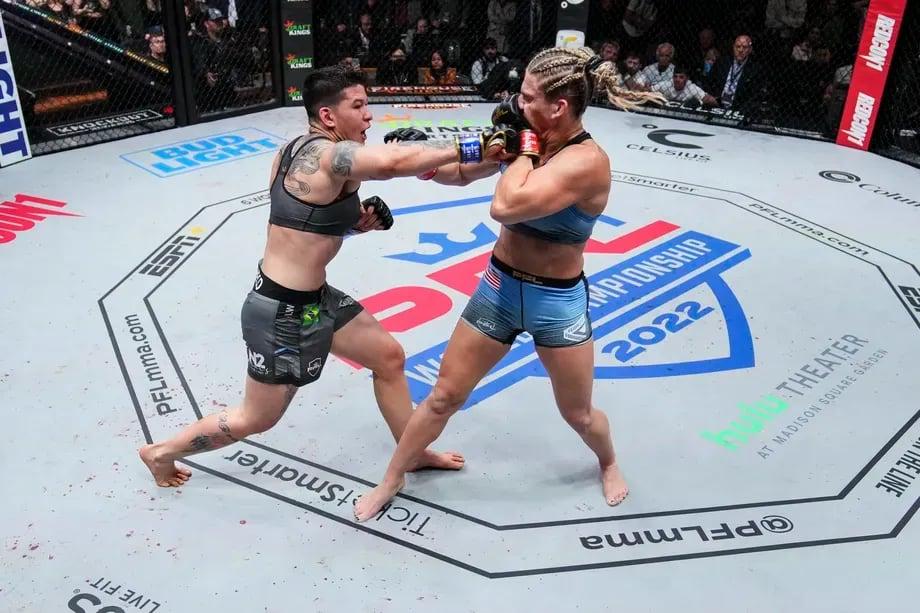 Larissa Pacheco outclassing Kayla Harrison on her way to a decision victory. Credits to: Damon Martin - MMA Fighting