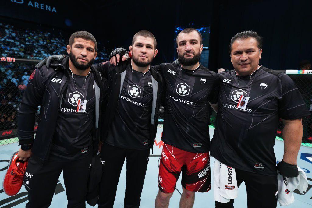Abubakar Nurmagomedov and his team celebrate after their win at UFC 280. Credits to: Chris Unger - Zuffa LLC
