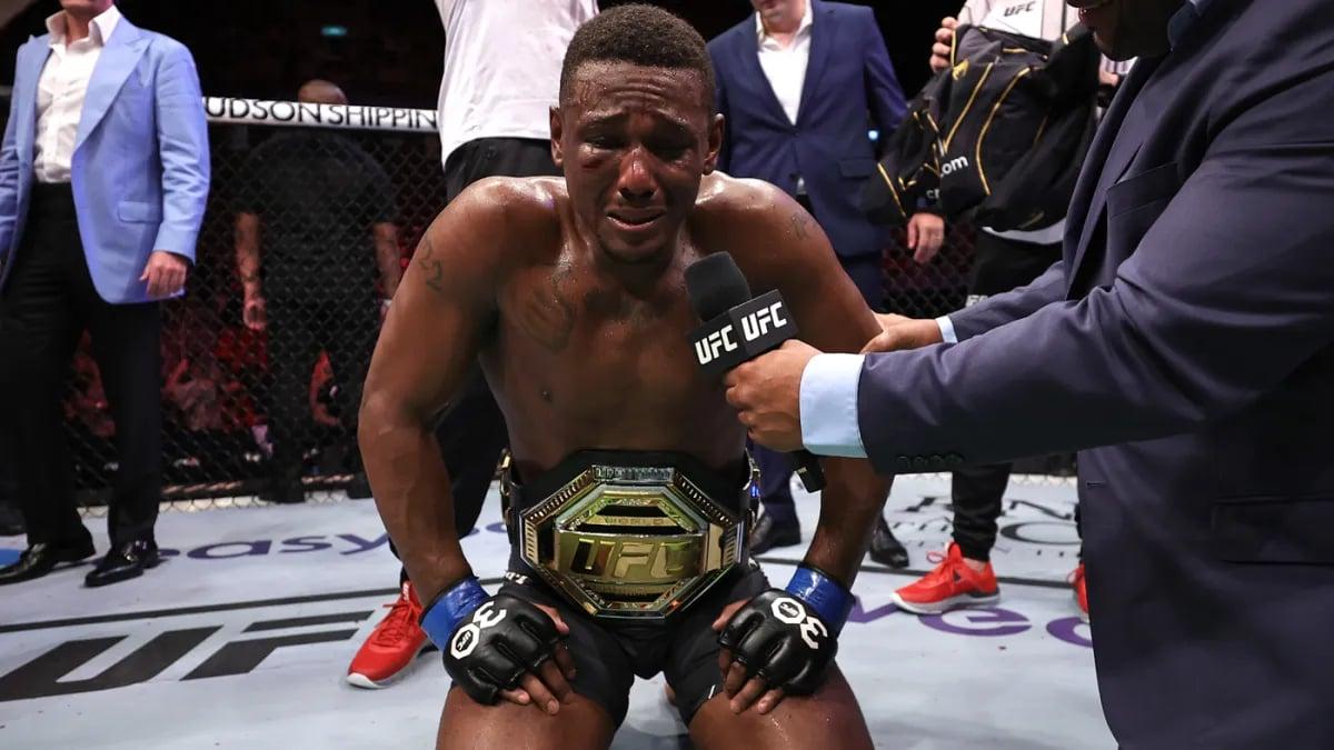 Jamahal Hill after winning the UFC belt against Glover Teixeira. Photo by Getty Images.