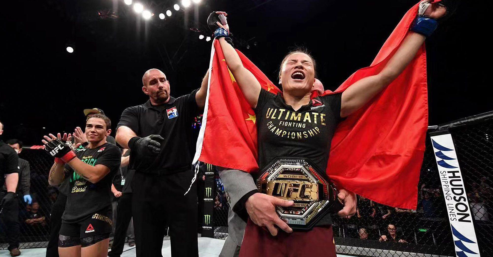 Zhang Weili earns her first UFC championship with a 42-second KO over Jéssica Andrade. Credit: Xinhua.