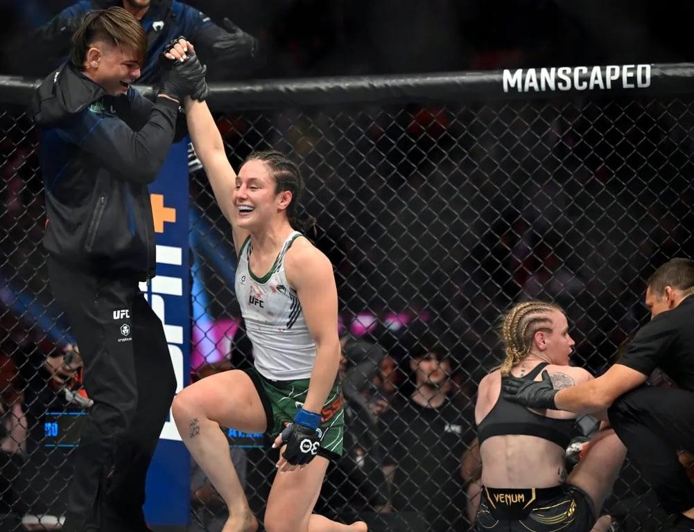 Alexa Grasso celebrating after defeating Valentina Shevchenko. Credits to: AP Photo - David Becker
