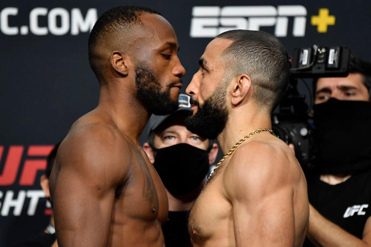 Belal Muhammad faces off against Leon Edwards before their March 2021 fight. The fight ended a no-contest after Belal Muhammad's eye was poked and he was deemed unable to continue. Photo by Jeff Bottari, Zuffa LLC.