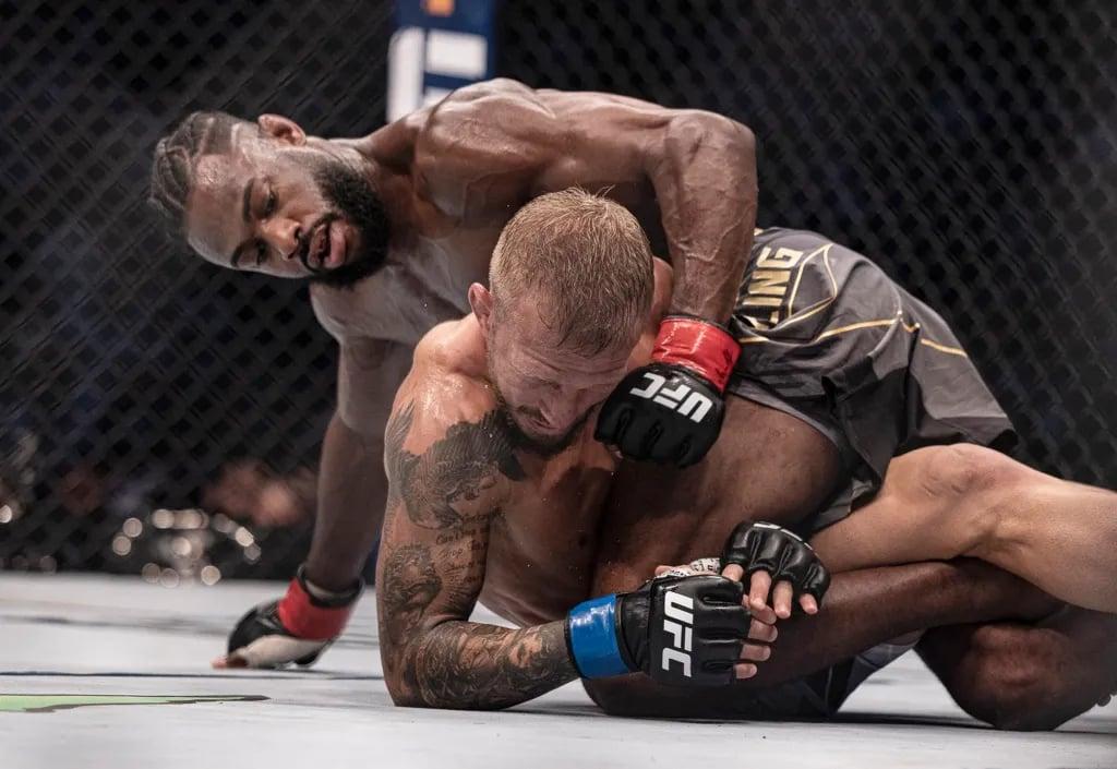 Aljamain Sterling dominating T.J. Dillashaw on the ground at UFC 280. Credits to: Craig Kidwell - USA TODAY Sports.