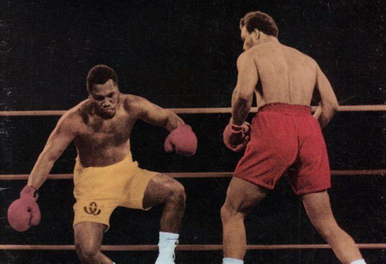 George Foreman dropping Joe Fraizer to become the Heavyweight Champion. Credits to: The Ring Archive