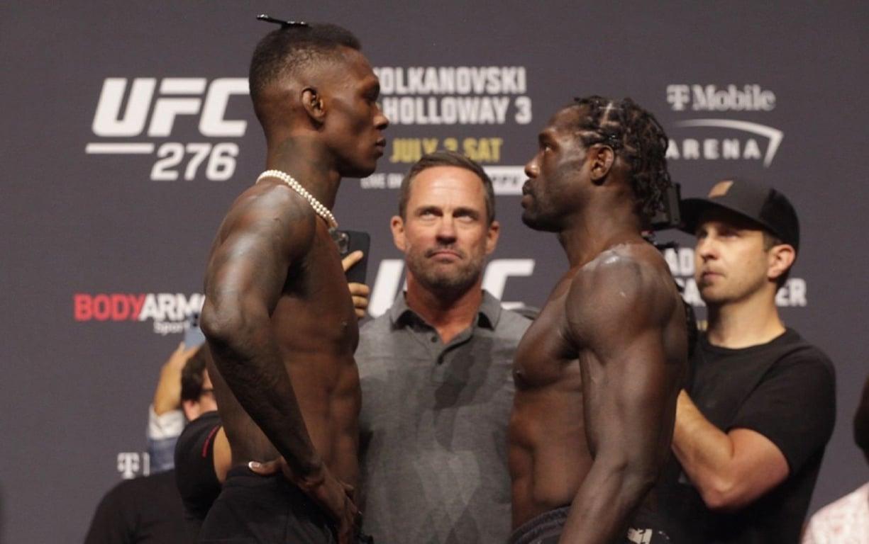 Israel Adesanya and Jared Canonnier face off ahead of their Middleweight title bout. Credits to: Mike Bohn, MMA Junkie