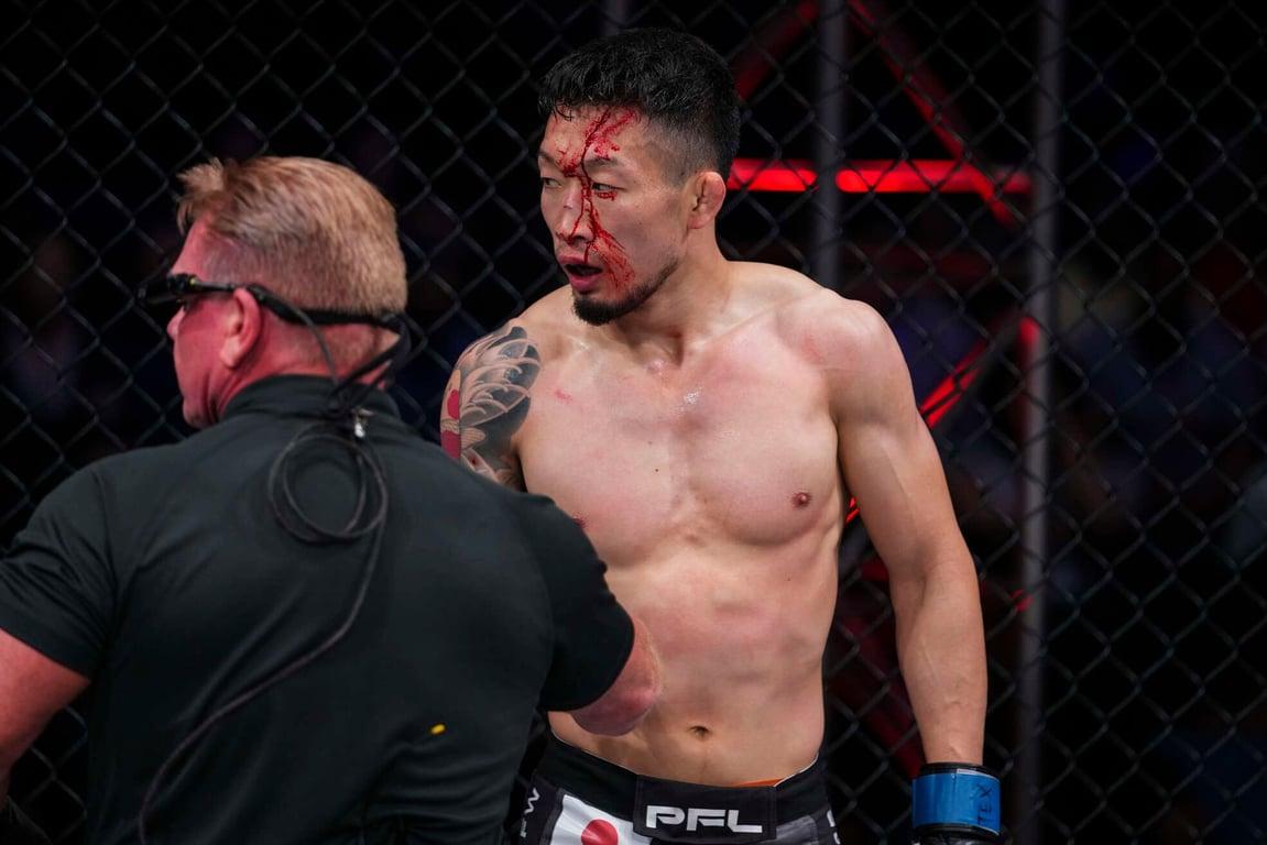 Ryoji Kudo with a gash on his forehead after a clash of heads. (Professional Fighters League)