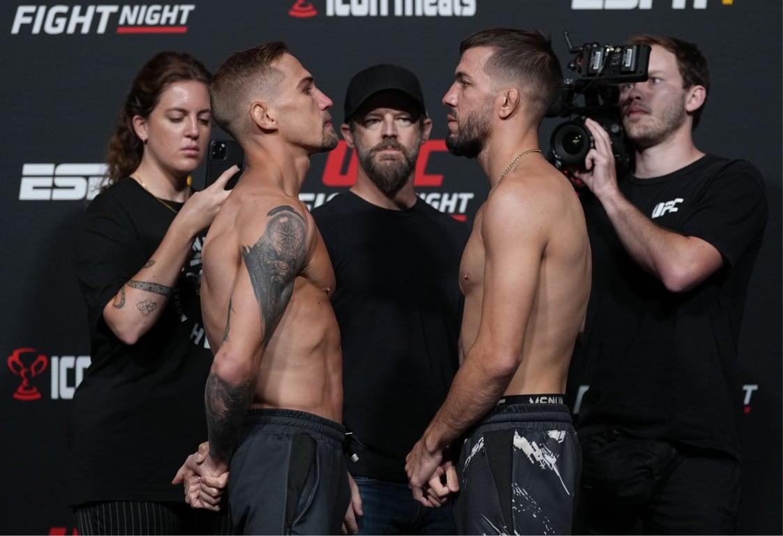 JP Buys and Cody Durden face off before their Flyweight fight. Credits to: Jeff Bottari-Zuffa LLC