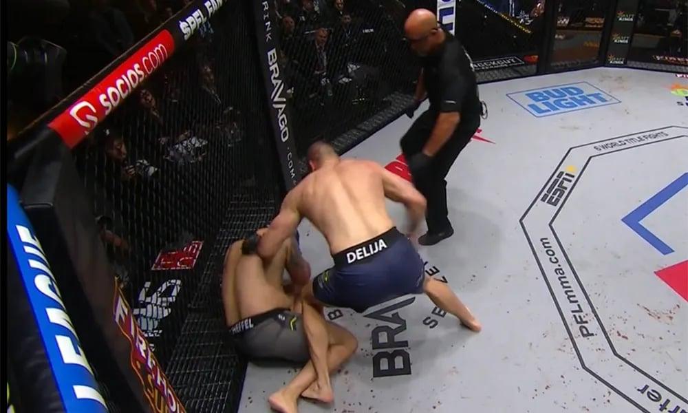 Ante Delija finishing off Matheus Schefful after dropping him with a flurry of straights. Credits to: MMA Junkie Staff - MMA Junkie