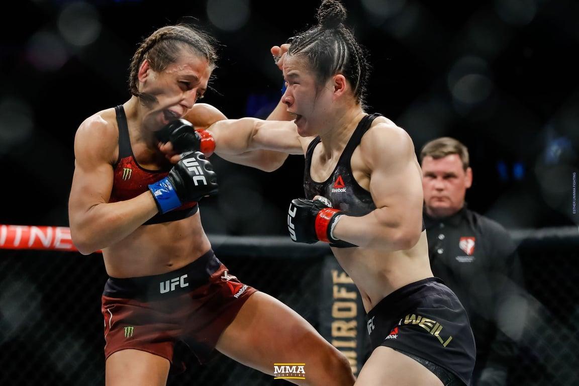Zhang Weili landing a right hand against Joanna Jedrzejczyk at UFC 248. Credits to: Esther Link-MMA Fighting.