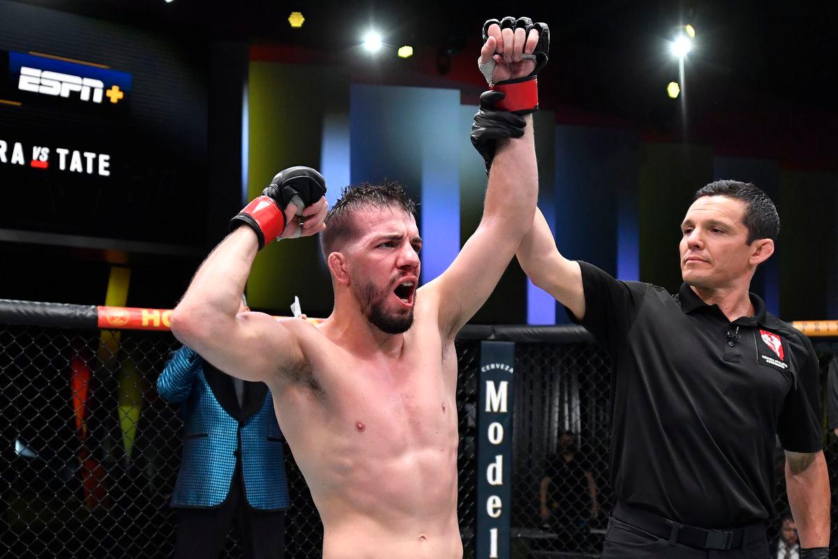 Durden in his fight against Aoriqileng after getting his hand raised. He was criticized for his xenophobic comments afterward. Photo by Chris Unger, Zuffa LLC.