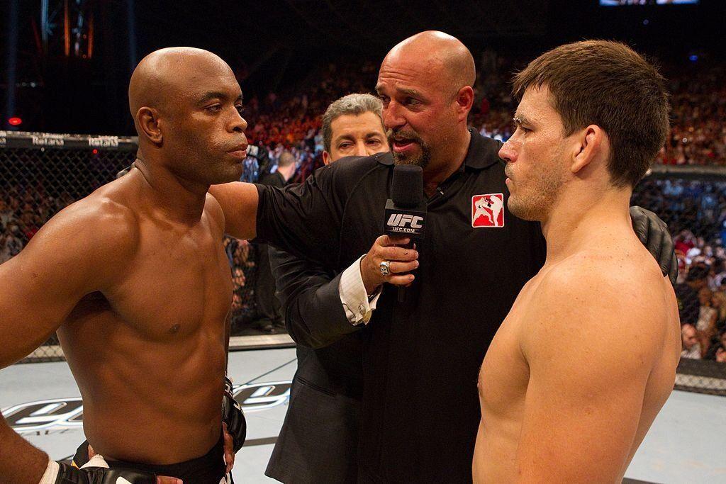 Anderson Silva stares down Demian Maia ahead of their fight at UFC 112 in Abu Dhabi. Credits to: Josh Hedges of Getty Images.