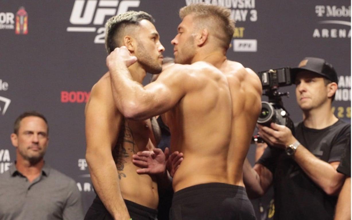 Brad Tavares and Dricus du Plessis face-off with intensity. Credits to: Mike Bohn, MMA Junkie