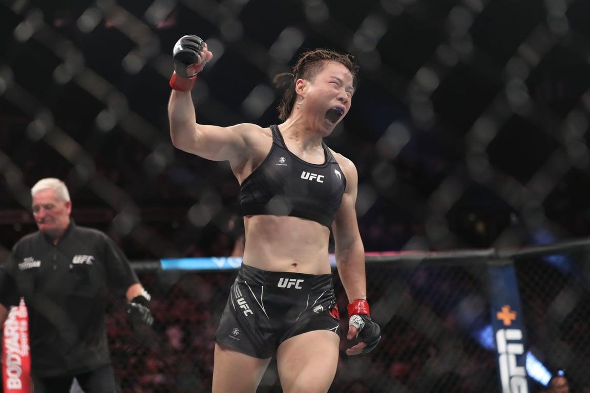 Weili Zhang celebrates after knocking out Joanna Jędrzejczyk. Credit: Paul Miller-USA TODAY Sports