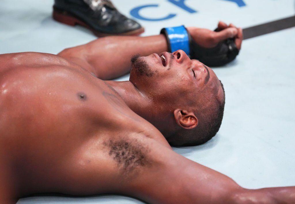 Jamahal Hill reacts to defeating Thiago Santos in the main event. Credits to: Chris Unger-Zuffa LLC