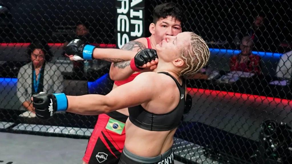 Pacheco in one of her fights against Olena Kolesnyk. She finished her twice in the first round. Photo by MMA Junkie.