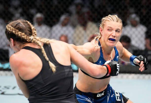 Manon Fiorot landing a jab on Katlyn Chookagian at UFC 280. Credits to: Chris Unger-Getty Images.