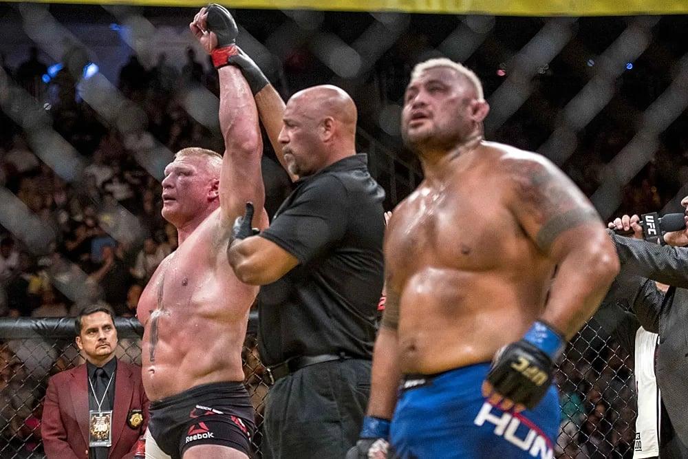 Brock Lesnar being awarded a decision victory vs. Mark Hunt, which was later overturned. Credits to: Joshua Dahl - USA TODAY Sports.