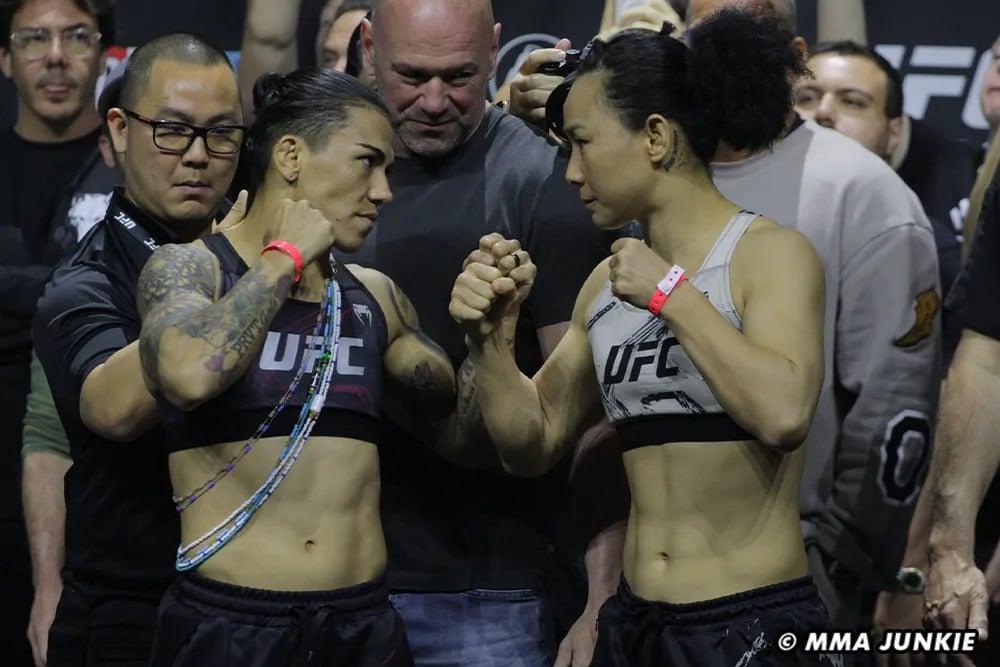 Jéssica Andrade and Yan Xiaonan face off. Photo by MMAJunkie.