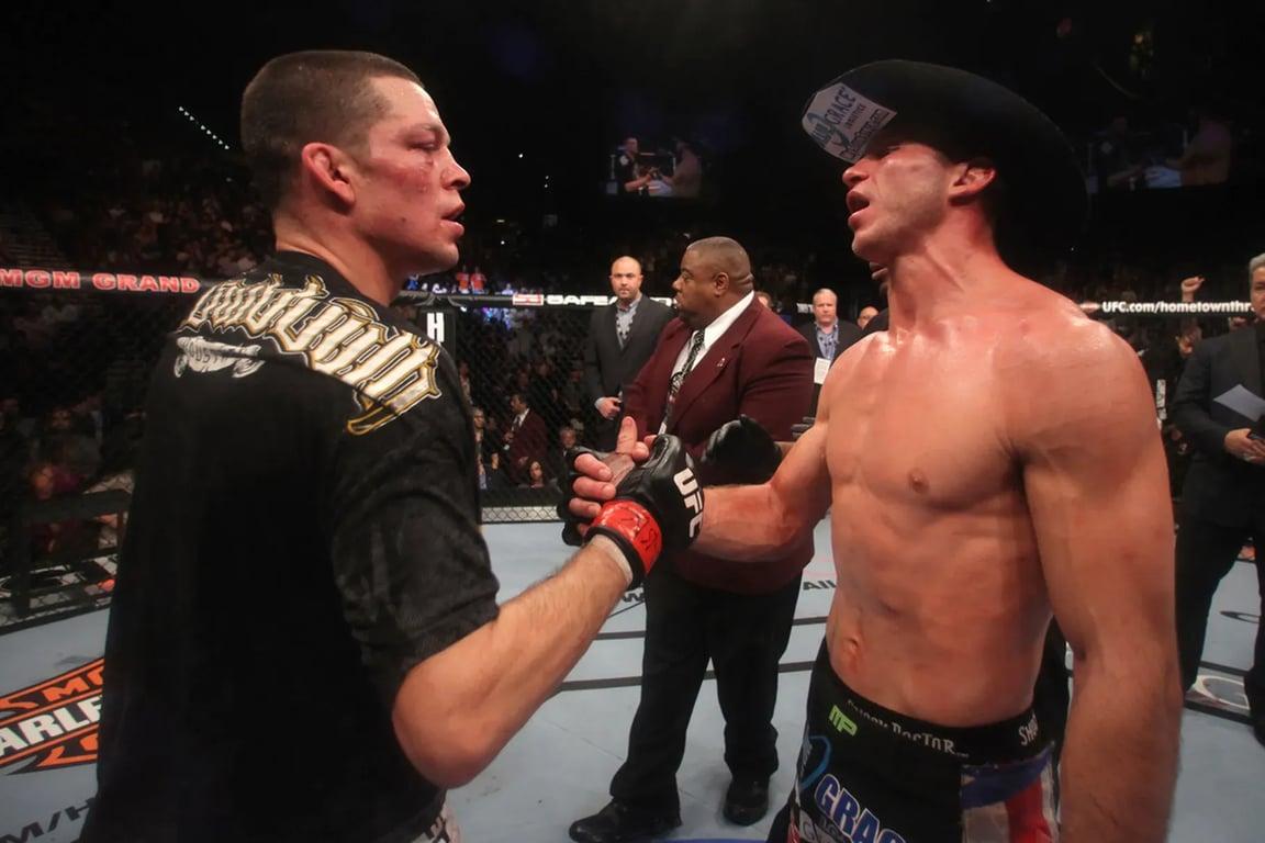 Nate Diaz and Donald Cerrone shake hands after their fight. Credits to: Donald Miralle/Zuffa LLC
