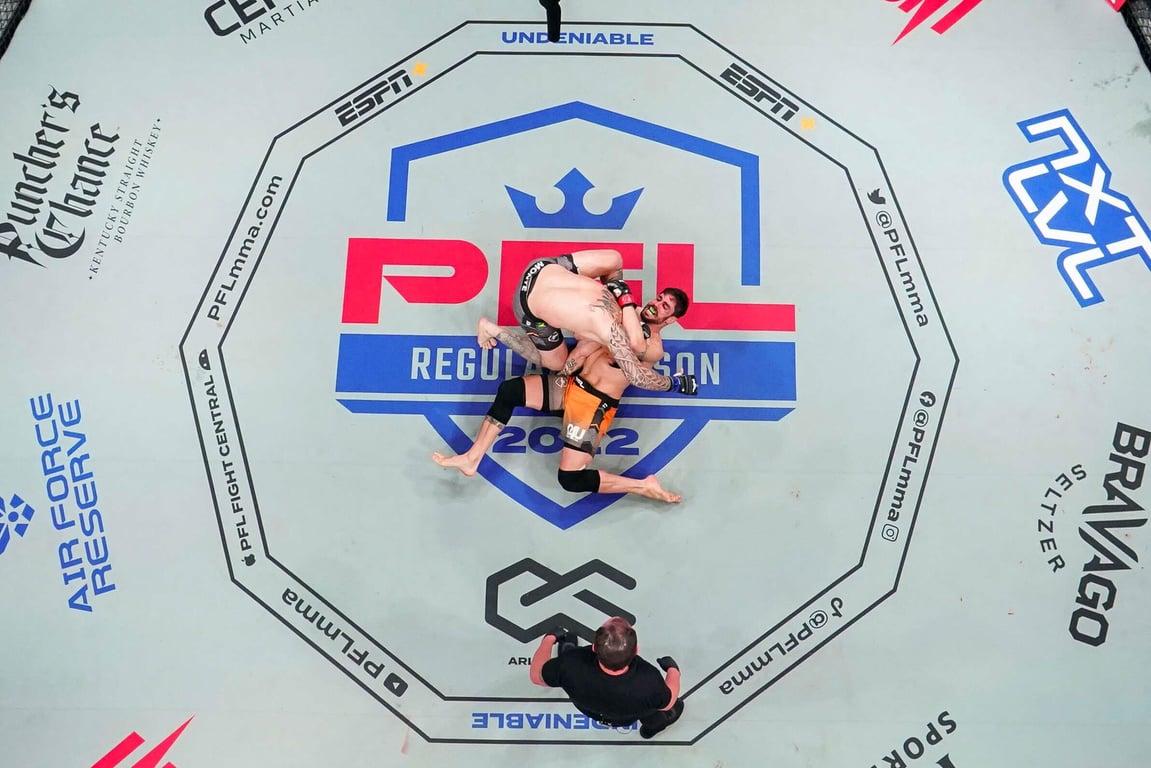 An aerial view of Antônio Carlos Júnior submitting Delan Monte. (Professional Fighters League)