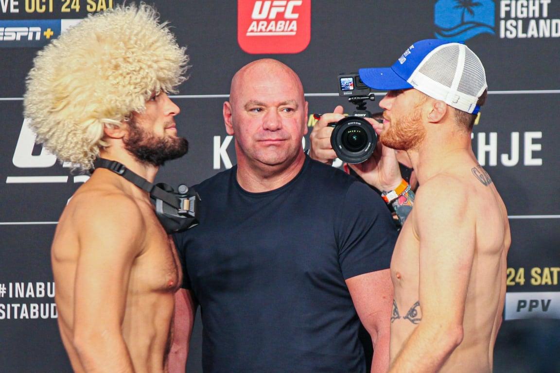 Khabib Nurmagomedov in the final weigh in staredown of his career. (Getty Images)