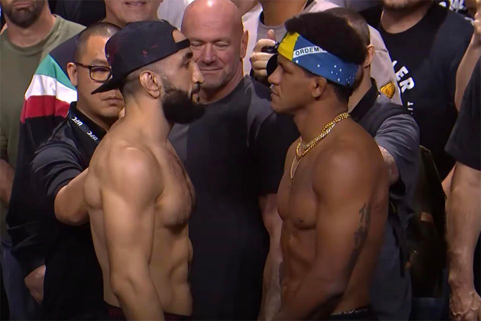 Belal Muhammad and Gilbert Burns face off. Photo by Yahoo! Sports.
