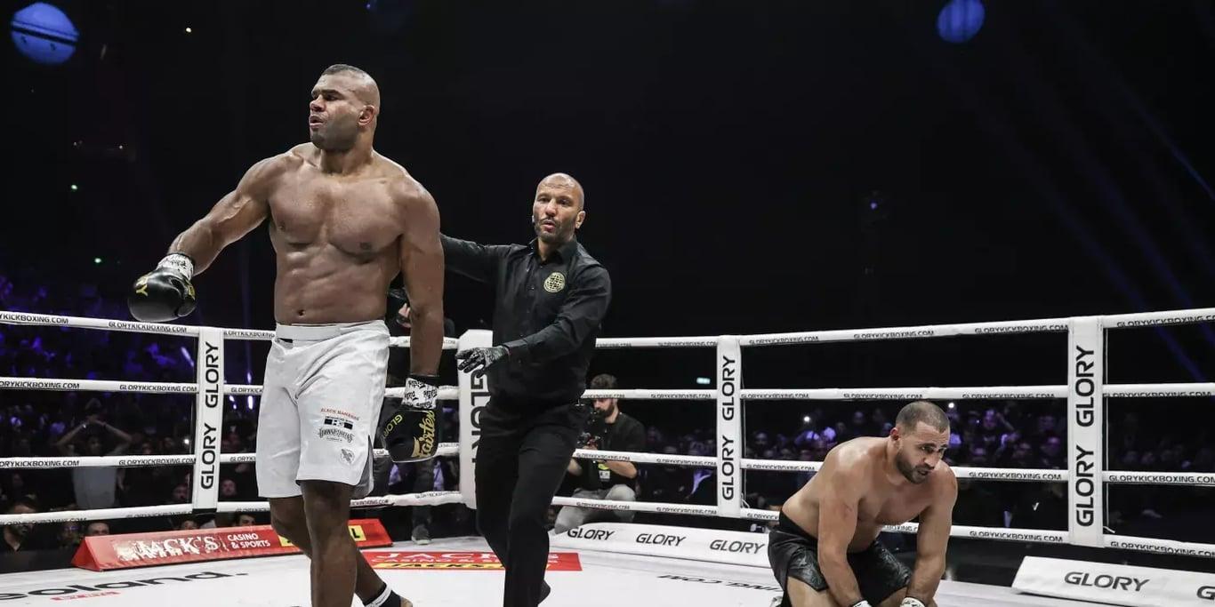 Alistair Overeem after dropping Badr Hari in their trilogy bout at GLORY Collision 4. Credits to: Matt Ferris - GLORY.