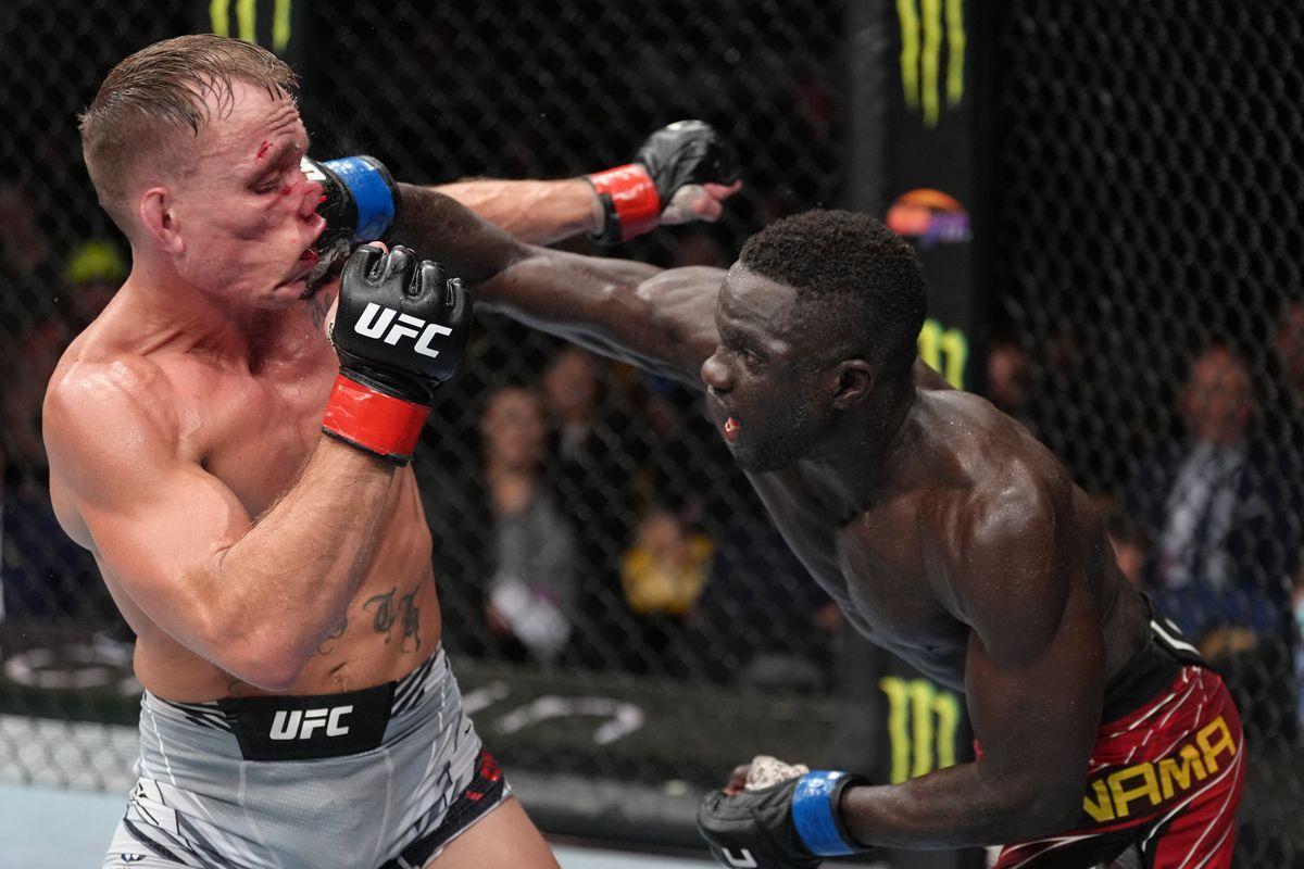 David Onama lands a brutal right hand on Nate Landwehr. Credit: MMA Mania.